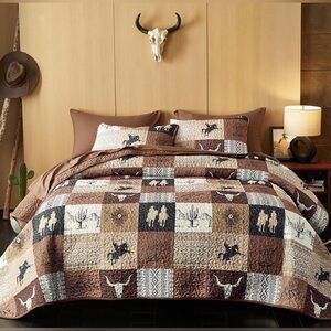 Rustic Patchwork Quilt Set - Brown and Cream